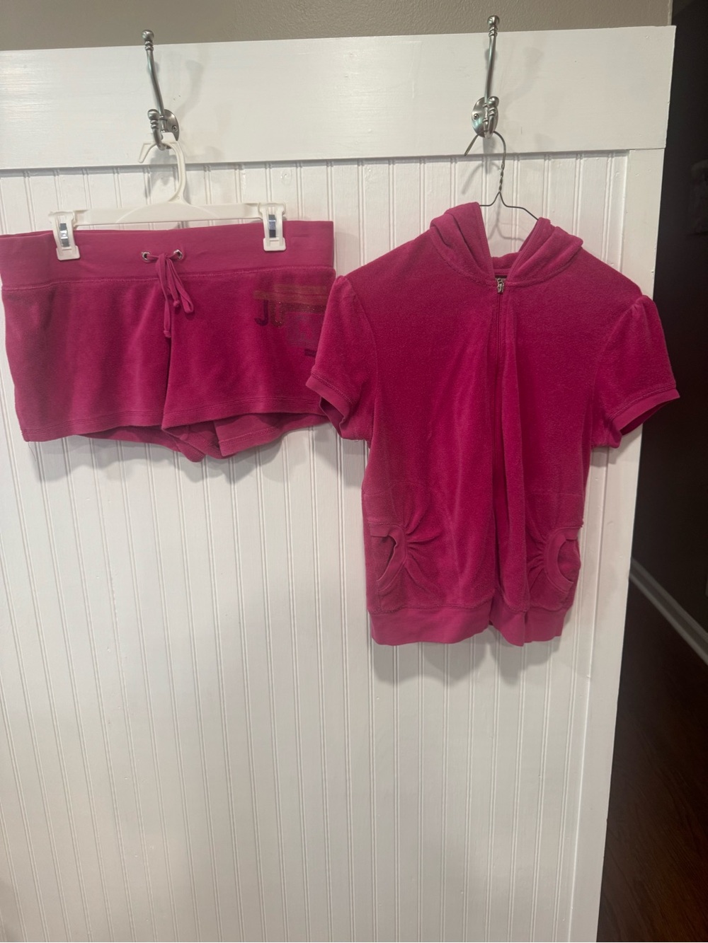 Vintage Juicy Couture Hot Pink Terry Cloth Hoodie Shorts Set Y2K Size L